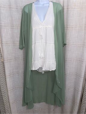 Sage Green Sheer Chiffon Maxi Kimono Duster Open Front Cardigan Coverup